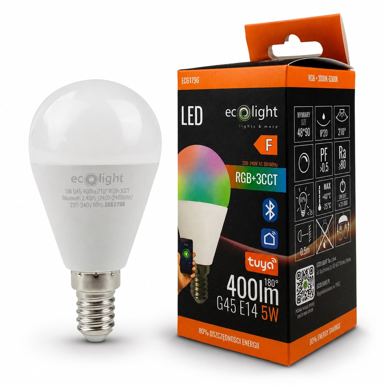 Żarówka LED G45 E14 5 W RGB+CCT Tuya Smart BT
